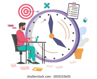 Hombre de oficina trabajando en laptop. Reloj, destino, símbolos de negocio de lista de verificación, ilustración vectorial plana. Administración de tiempo, planificación de tareas, planificación de tareas.