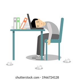 Office man working very hard then he's tired and sleeping on computer. weakness, run out of energy, working over time concept vector