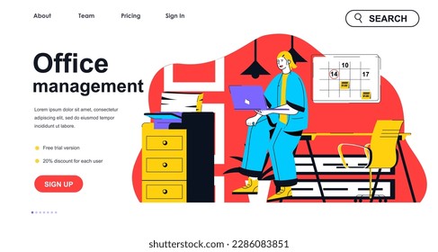 Office management concept for landing page template. Woman doing planning and organization project process. Company workflow people scene. Vector illustration with flat character design for web banner