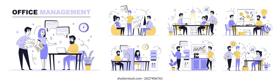 Conceito de gerenciamento de escritório definido em design simples da Web. Coleção com pessoas fazendo brainstorming, planejando projetos e metas, trabalhando agenda no local de trabalho. Ilustração de vetor plano isolada em fundo branco.