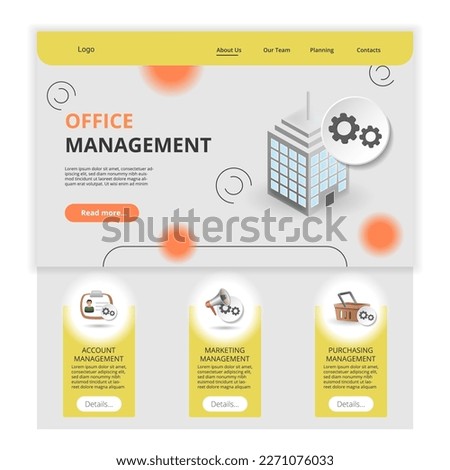 Office management flat landing page website template. Account management, marketing management, purchasing management. Web banner with header, content and footer. Vector illustration.