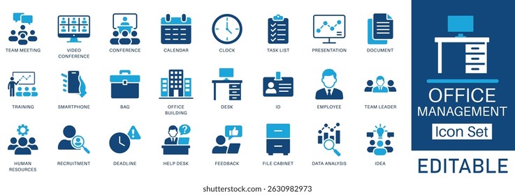 Office Management Icon Set. Features editable icons for office, management, team, meeting, conference, calendar, and document. Perfect for business and HR tasks.