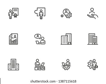 Office management icon set. Line icons collection on white background. Engineer, entrepreneur, building. Development concept. Can be used for topics like business, employment, workplace