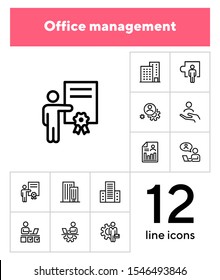 Office management icon set. Line icons collection on white background. Engineer, entrepreneur, building. Development concept. Can be used for topics like business, employment, workplace