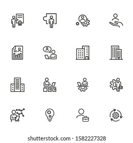 Office management icon set. Line icons collection on white background. Engineer, entrepreneur, building. Development concept. Can be used for topics like business, employment, workplace