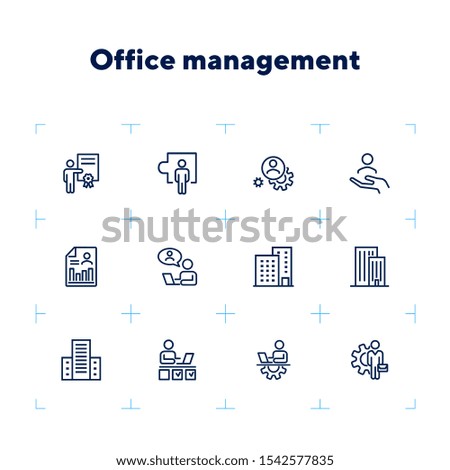 Office management icon set. Line icons collection on white background. Engineer, entrepreneur, building. Development concept. Can be used for topics like business, employment, workplace
