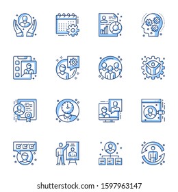 Office management linear vector icons set. Workforce organization, corporate employees work supervise contour symbols isolated pack. Team leader, manager presentation thin line illustrations