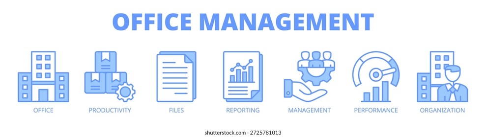 Ícone de vetor de banner de web de gerenciamento de escritório conceito de ilustração para organização de local de trabalho com ícone de escritório, produtividade, arquivos, relatórios, gerenciamento, desempenho e organização.