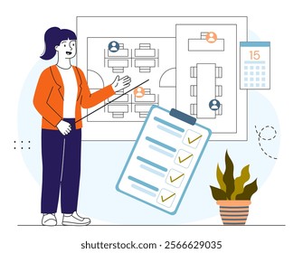 Office management woman. Businesswoman with pointer near blueprint. Planning and setting goals, organizing effective work process. Interior design. Linear vector illustration