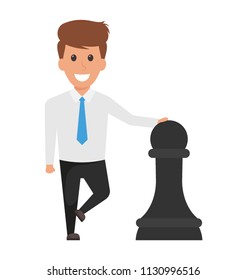 
An office manager avatar standing with hand on a chess piece depicting the concept of business strategy.  
