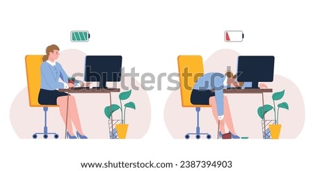 Office manager burned on work. Exhausted and rested worker at computer. Woman at work, corporate professional flat splendid vector character