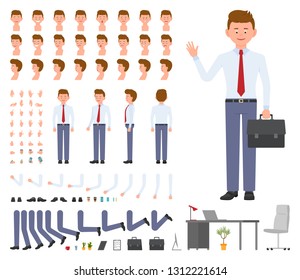 Office manager cartoon character constructor design set. Young adult worker in business clothing with briefcase standing on white background