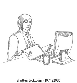 Office manager at a computer, vector hand drawing