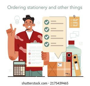 Office manager. Coworking space maintenance and supplying. Business character answering calls, ordering stationery and keeping office clean. Flat vector illustration