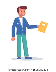 Office manager flat vector character. Corporate worker holding planner cartoon illustration. Businessman in formal clothes with scheduler isolated clipart. Teacher with class journal design element