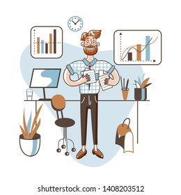 Office manager flat vector illustration. Cartoon office worker planning daily tasks, multitasking. Excited finance specialist, banker, accountant holding statistical documents, report papers