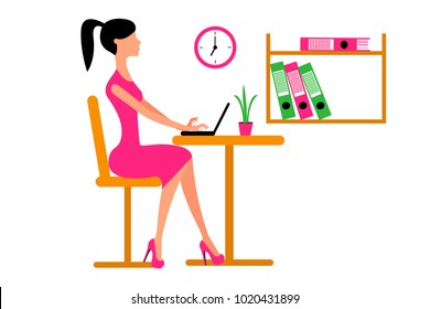 Office manager. Graphic illustration of successful lady in pink working with laptop. Eps vector illustration