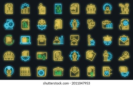 Office manager icons set. Outline set of office manager vector icons neon color on black