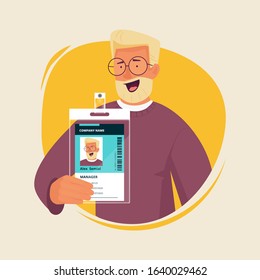 Office Manager With Id Card. Businessman Presenting Personal Badge Passport Entrance Document Staff Numbers Vector Character