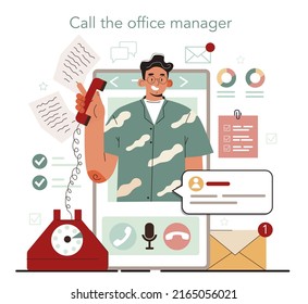 Office manager online service or platform. Coworking space maintenance and supplying. Business character answering calls. Online call. Flat vector illustration