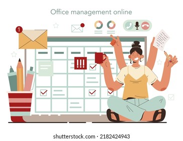 Office manager online service or platform. Coworking space maintenance and supplying. Business character answering calls. Online management. Flat vector illustration