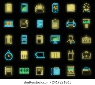 Office manager plan icons set. Outline set of office manager plan vector icons neon color on black