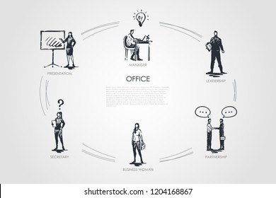 Office - manager, presentation, secretary, business woman, leadership, partnership vector concept set. Hand drawn sketch isolated illustraton