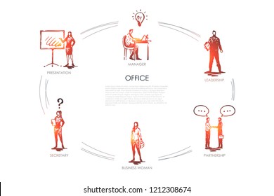 Office - manager, presentation, secretary, business woman, leadership, partnership vector concept set. Hand drawn sketch isolated illustraton