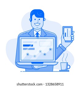 Administrador de Office presentando nuevas funciones en la ilustración de clientes. Exitoso empresario o gerente con portátil que muestra ganancias y gráficos crecientes. Crecer tu concepto de arte de línea de negocios. Trazo editable.