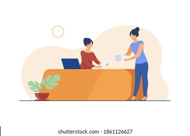 Büroleiter, der Dokumente von Kollegen erhält. Arbeit, Arbeit, Rezeptionist, flache Vektorgrafik. Dokumentations- und Beschäftigungskonzept für Banner, Website-Design oder Landing-Website
