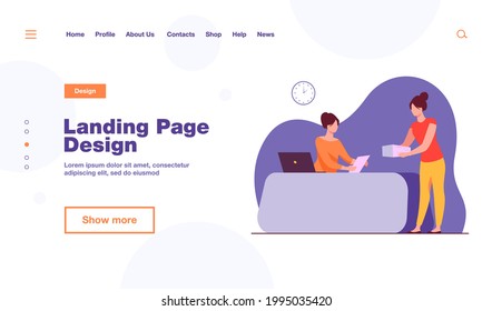 Office manager receiving documents from colleague. Job, work, receptionist flat vector illustration. Documentation and occupation concept for banner, website design or landing web page