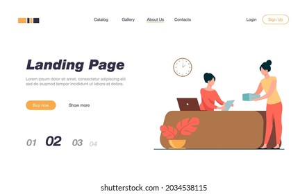 Büroleiter, der Dokumente von Kollegen erhält. Arbeit, Arbeit, Rezeptionist, flache Vektorgrafik. Dokumentations- und Beschäftigungskonzept für Banner, Website-Design oder Landing-Website