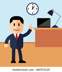 office manager showing thumb up. working hours in the office. lovely man cartoon