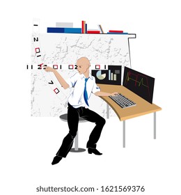 Office manager, silhouette of a young man at the table in color against the background of office attributes.