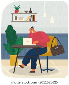 Office manager sitting at table and working with laptop. Young guy in glasses works at computer, bag at chair vector illustration. Busy man at workplace typing on keyboard, doing office work on laptop