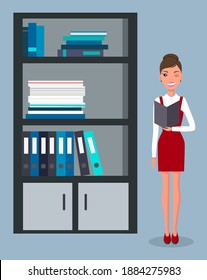 Office manager, student flat vector illustration. Young girl organizing folders in bookshelf. Pretty young slim woman in business clothes in the office interior. Worker at company documents archive