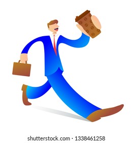 Office manager in suit with necktie walking and drinking coffee. Vector illustration with cute character with coffee to go