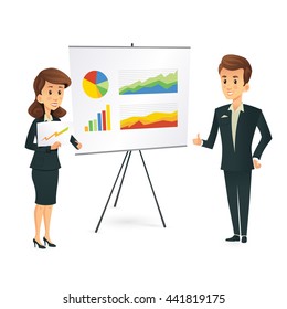 Office manager team standing at the desk of info graphic. Man Woman isolated. Cartoon style characters Vector illustration