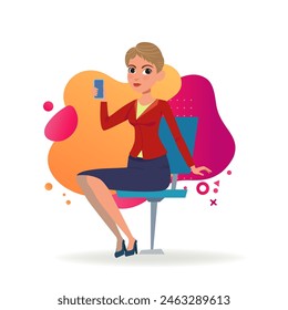 Office manager using mobile phone. Female character in formal suit sitting in chair and talking on smartphone. Vector illustration. Business, communication, technology concept for website design