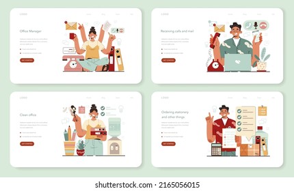 Office manager web banner or landing page set. Coworking space maintenance and supplying. Business character answering calls, ordering stationery and keeping office clean. Flat vector illustration