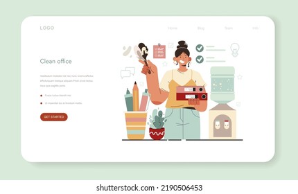 Office manager web banner or landing page. Coworking space maintenance and supplying. Business character answering calls, ordering stationery and keeping office clean. Flat vector illustration