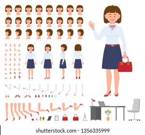 Office manager woman cartoon character constructor design set. Generator of waving young adult lady in business clothing standing on white background