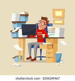 Office manager work routine vector illustration. Tired frustrated man in glasses sitting on chair at office table full of documents working in computer and drinking coffee and leaning head on hand