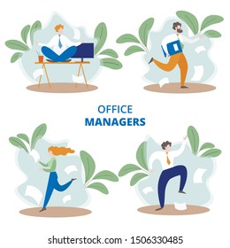 Office Managers Flat Vector Concepts Set Isolated on White Background. Hurrying Female, Male Company Employee, Busy Businesspeople Running with Documents, Meditating on Desk Office Worker Illustration