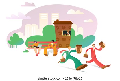 Office managers in the park. Background for website, landing page, mobile app and coffee shop online app. Bussines coffee break. Vector illustration with sityscape and people with coffee cups.