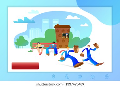 Office managers in the park. Background for website, landing page, mobile app and coffee shop online app. Bussines coffee break. Vector illustration with cityscape and people with coffee cups.