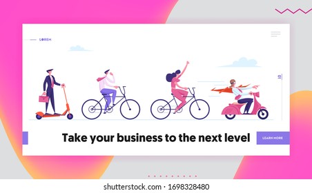 Office Managers Race Challenge, Leadership Landing Page Template. Business People Characters Ride Eco Transport Scooters and Bikes Follow Businessman Leader in Red Cloak. Cartoon Vector Illustration