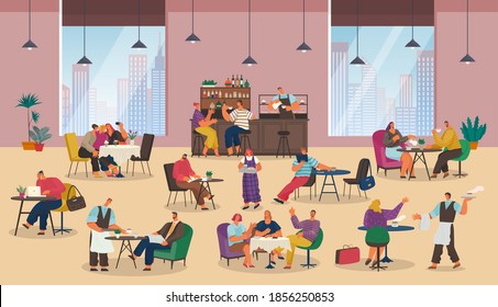 Office managers sitting at tables. People relaxing, having lunch, dinner. Office workers have coffee break. People making selfie, work at laptop, relaxing, reading. Stylish cafe in business center