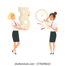 Office managers. Unfulfilled tasks, deadline time. Isolated girls in suits scared and tired vector illustration