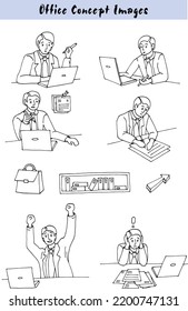 Office, manager's work, image of different situations and moods at work. Line drawn stylized man, vector illustration of office life